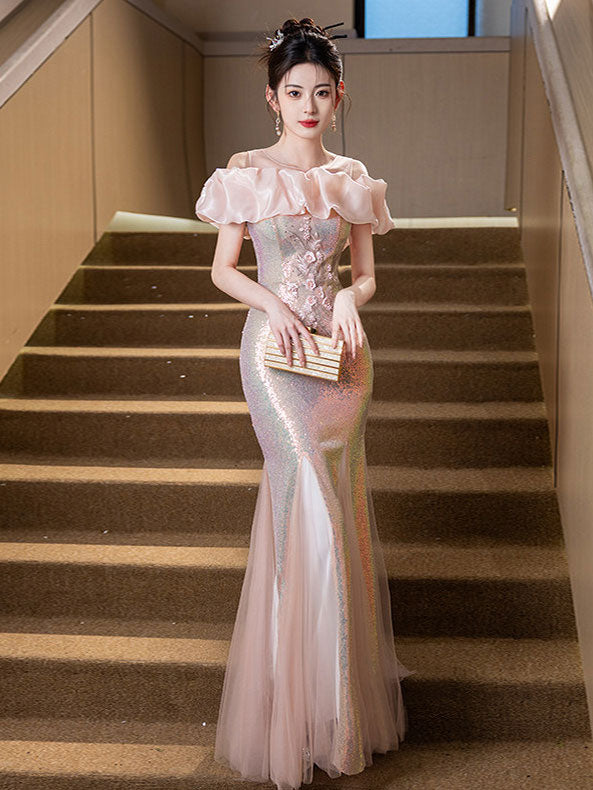 Blue Pink Sequins Sheer Shoulder Fishtail Evening Prom Dress