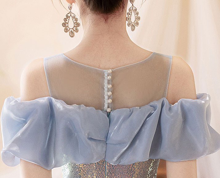 Blue Pink Sequins Sheer Shoulder Fishtail Evening Prom Dress