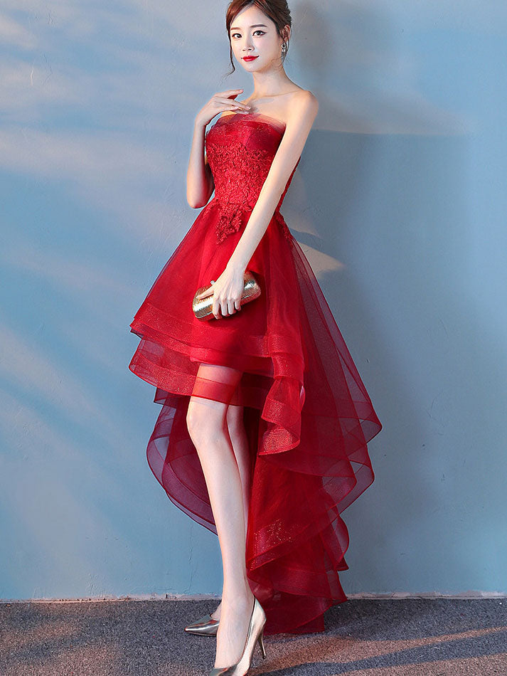 Black Burgundy Strapless High Low Tulle Party Prom Dress