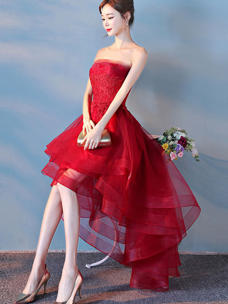 Black Burgundy Strapless High Low Tulle Party Prom Dress