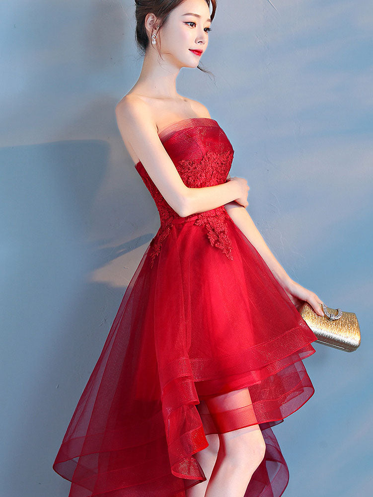 Black Burgundy Strapless High Low Tulle Party Prom Dress