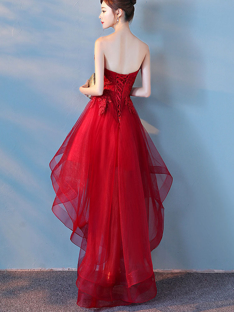 Black Burgundy Strapless High Low Tulle Party Prom Dress