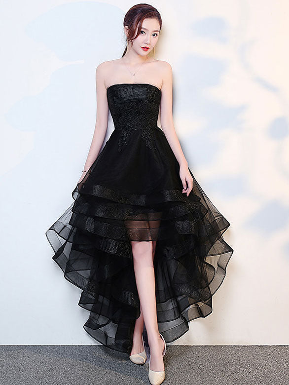 Black Burgundy Strapless High Low Tulle Party Prom Dress