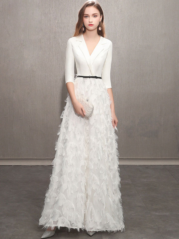 White Black A-Line Half Sleeve Wedding Guest  Prom Dress