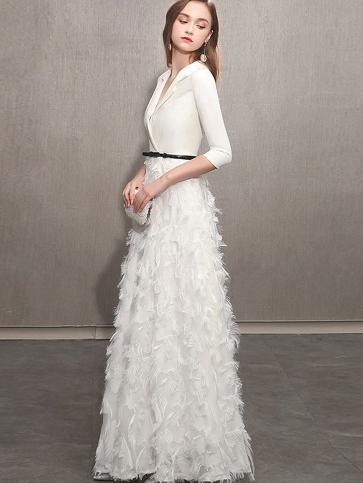 White Black A-Line Half Sleeve Wedding Guest  Prom Dress