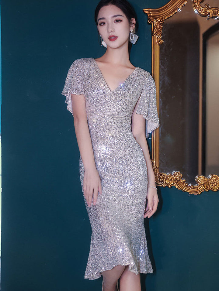 Sequins Flutter Sleeve V-Neck Midi Prom Party Dress