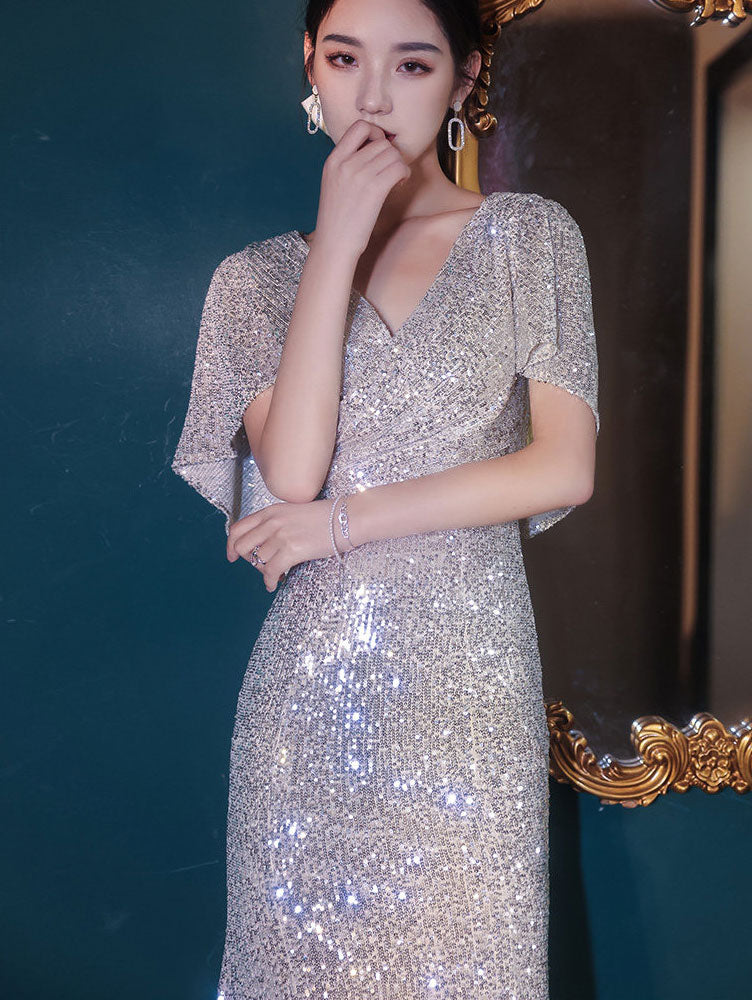 Sequins Flutter Sleeve V-Neck Midi Prom Party Dress