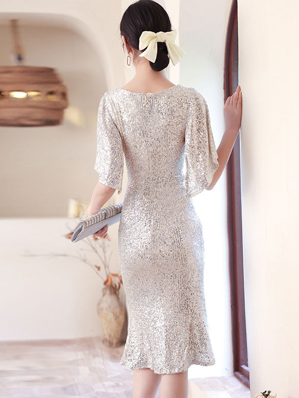 Sequins Flutter Sleeve V-Neck Midi Prom Party Dress