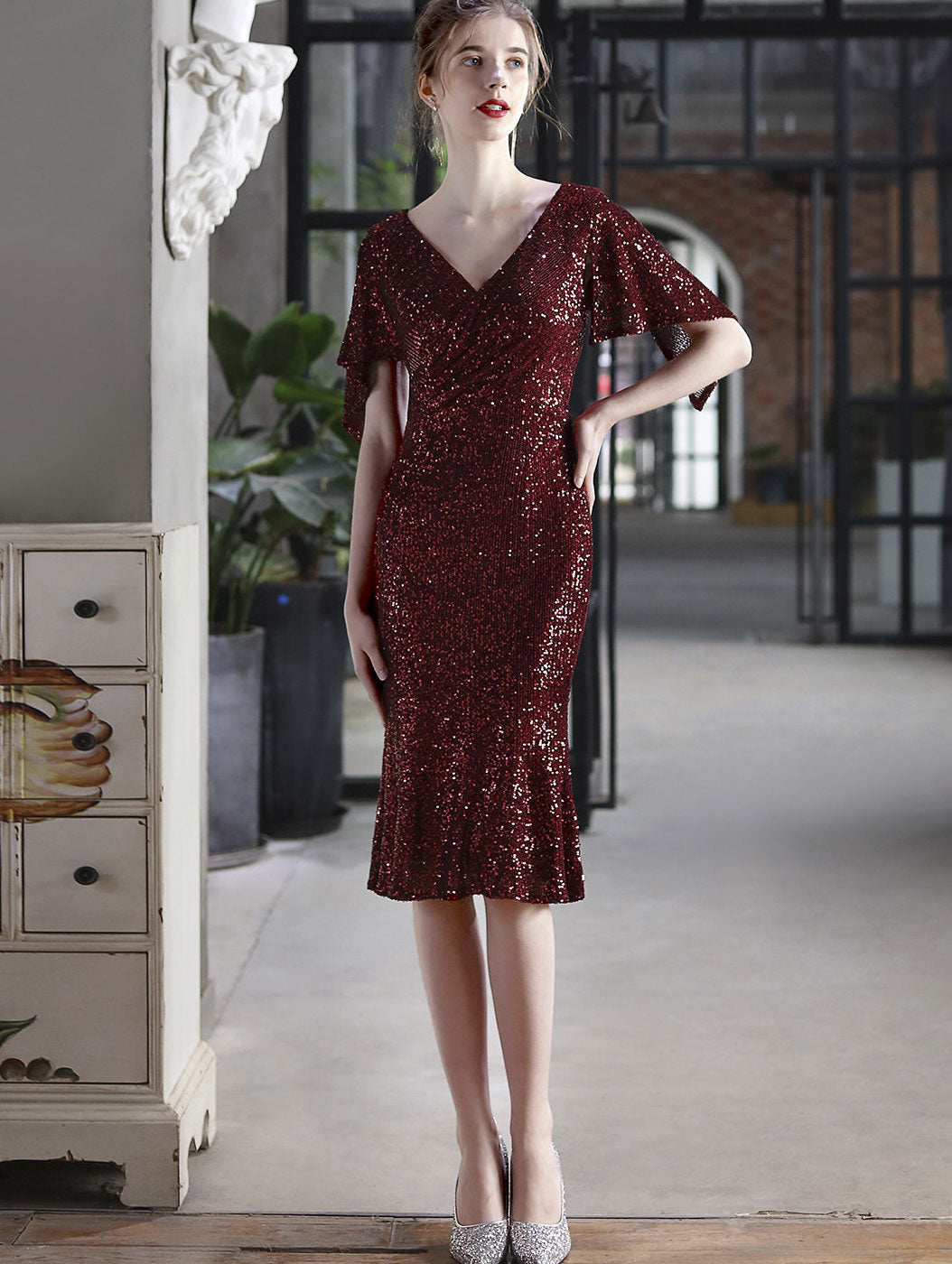 Sequins Flutter Sleeve V-Neck Midi Prom Party Dress