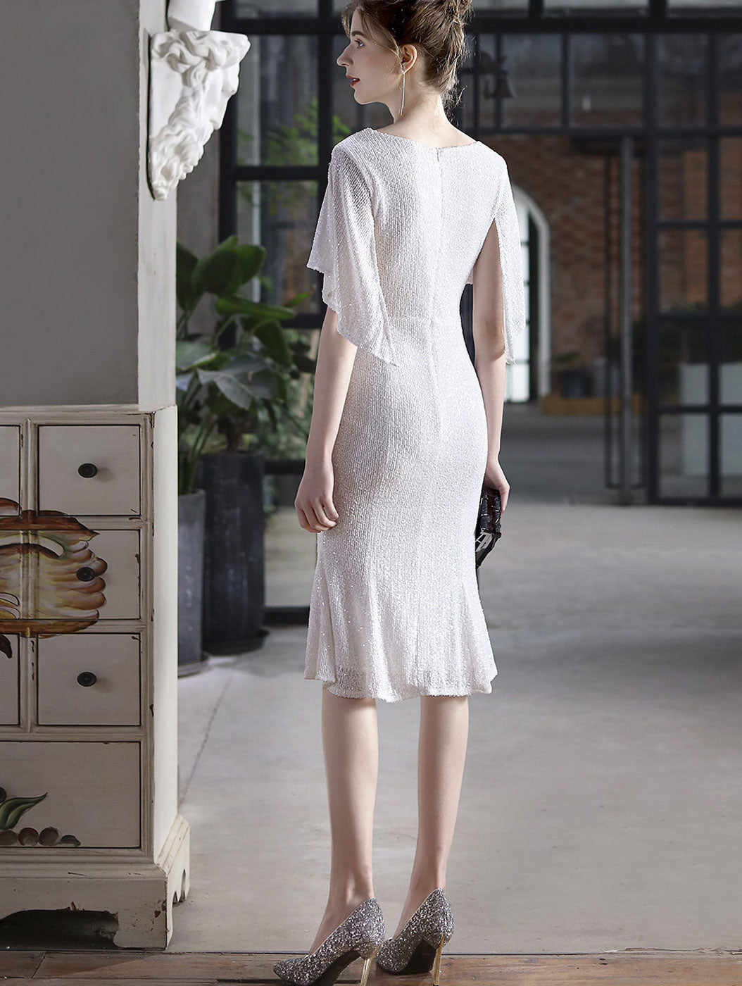 Sequins Flutter Sleeve V-Neck Midi Prom Party Dress