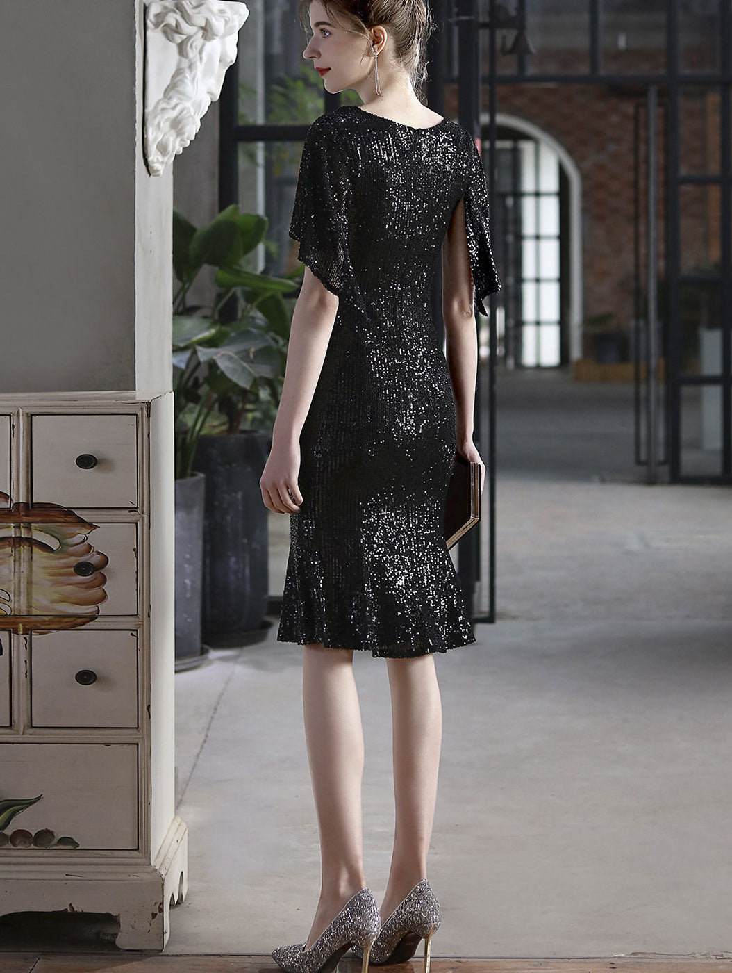 Sequins Flutter Sleeve V-Neck Midi Prom Party Dress