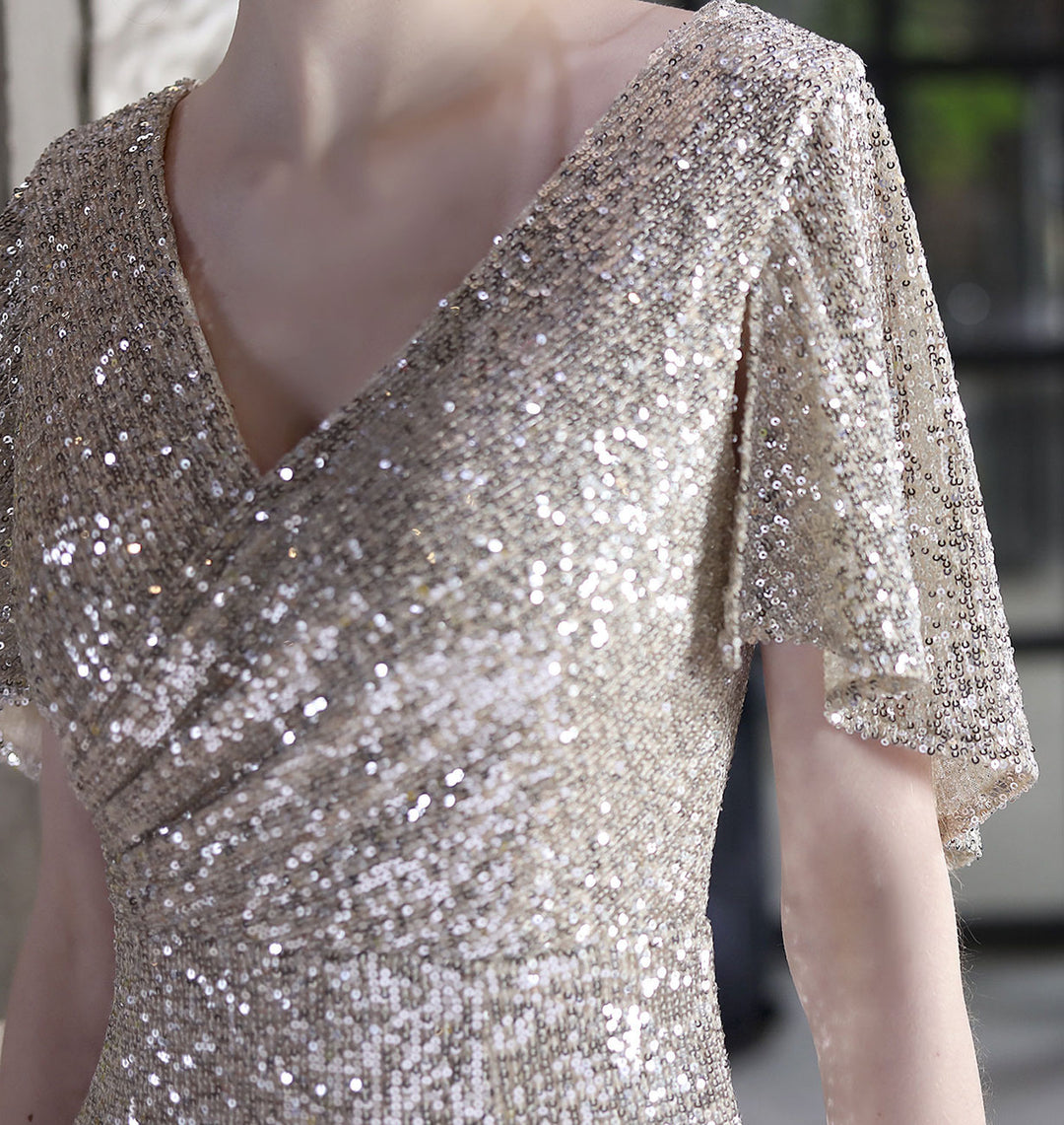 Sequins Flutter Sleeve V-Neck Midi Prom Party Dress