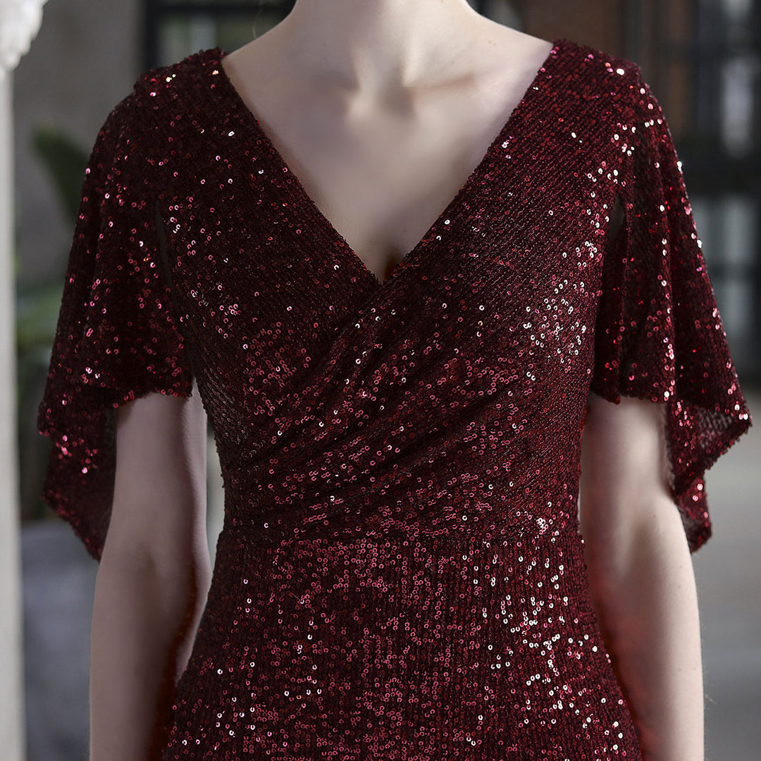 Sequins Flutter Sleeve V-Neck Midi Prom Party Dress