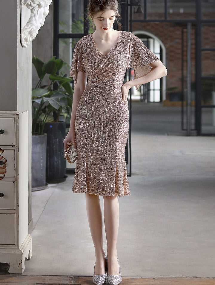Sequins Flutter Sleeve V-Neck Midi Prom Party Dress