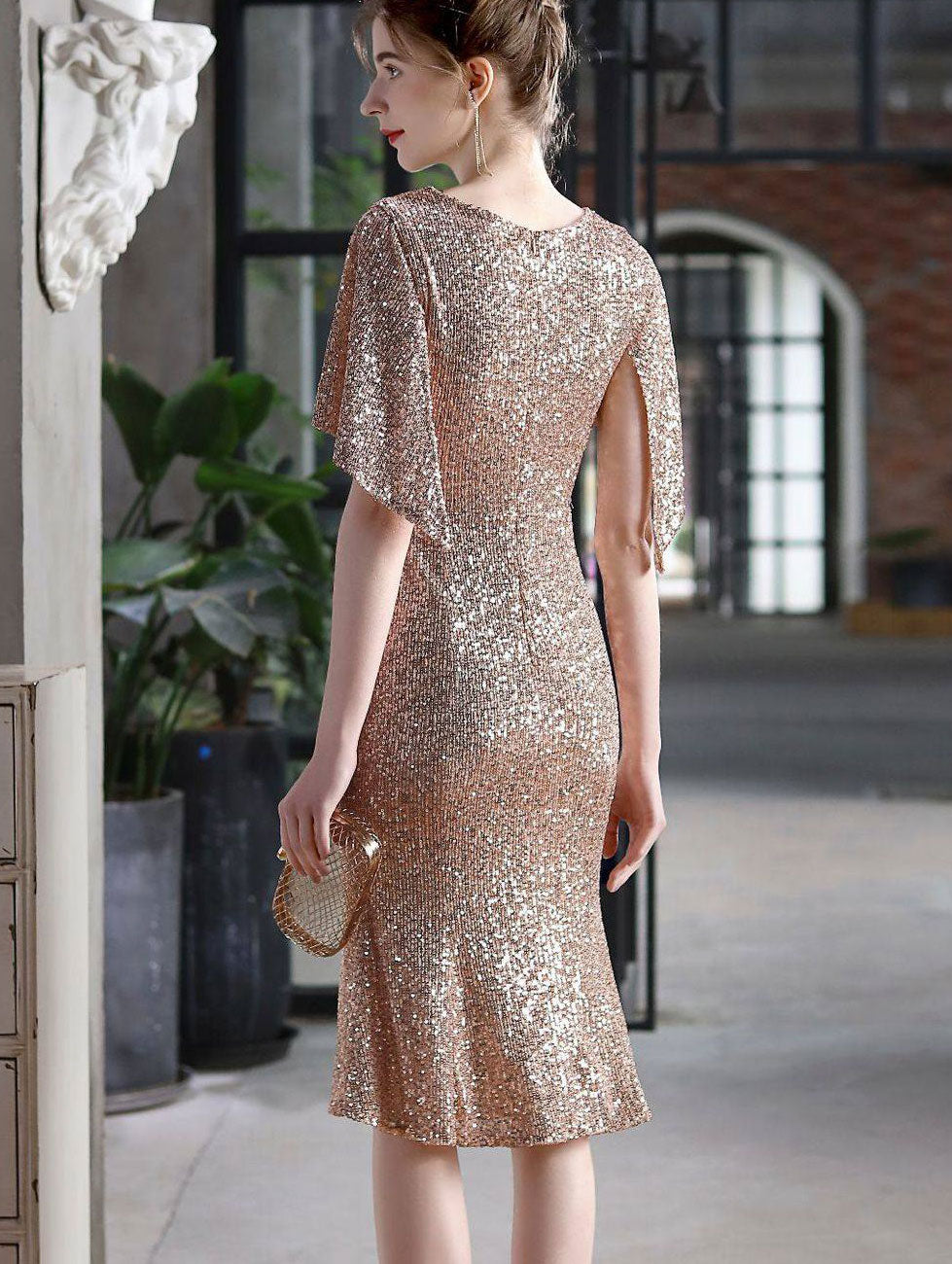 Sequins Flutter Sleeve V-Neck Midi Prom Party Dress