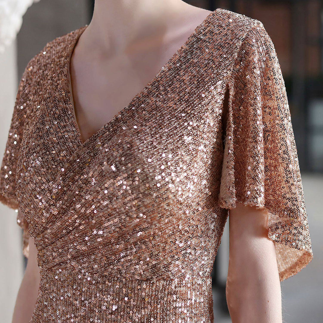 Sequins Flutter Sleeve V-Neck Midi Prom Party Dress