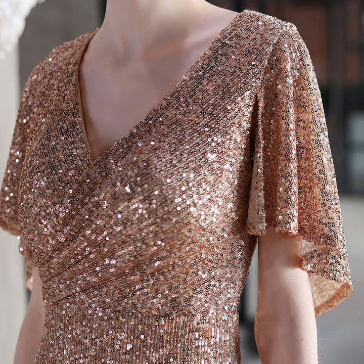 Sequins Flutter Sleeve V-Neck Midi Prom Party Dress