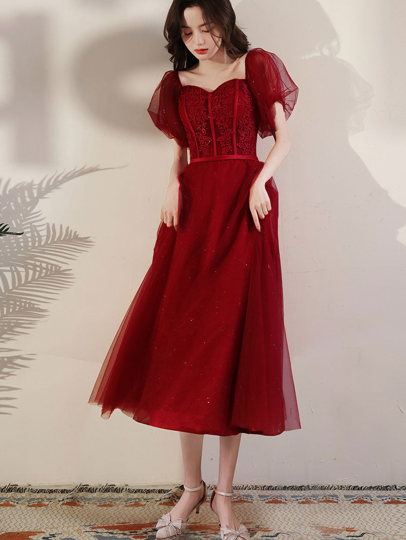 Shimmery Red Fit & Flare Tulle Party Prom Dress