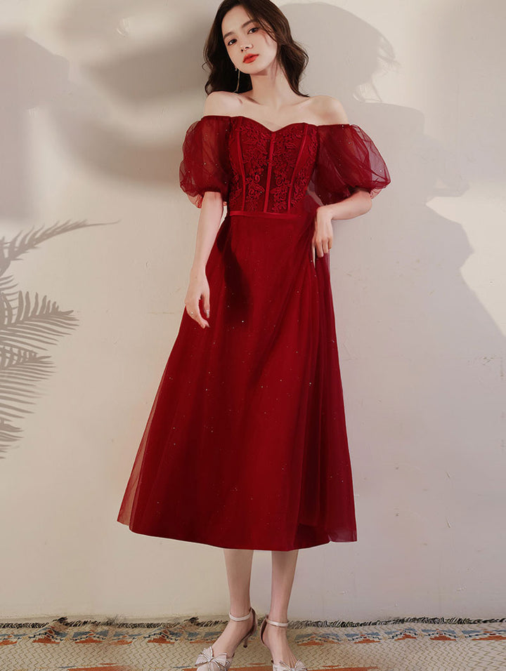 Shimmery Red Fit & Flare Tulle Party Prom Dress