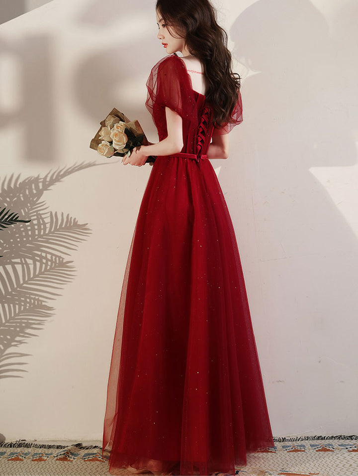 Shimmery Red Fit & Flare Tulle Party Prom Dress