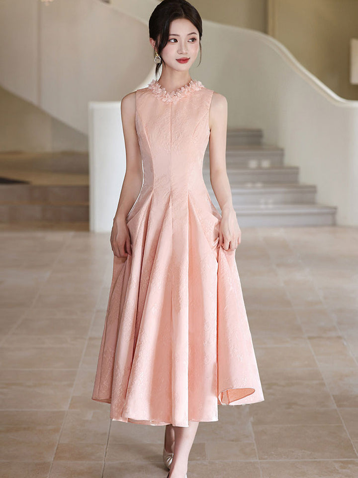 Flower Neck Jacquard A-Line Midi Evening Party Dress