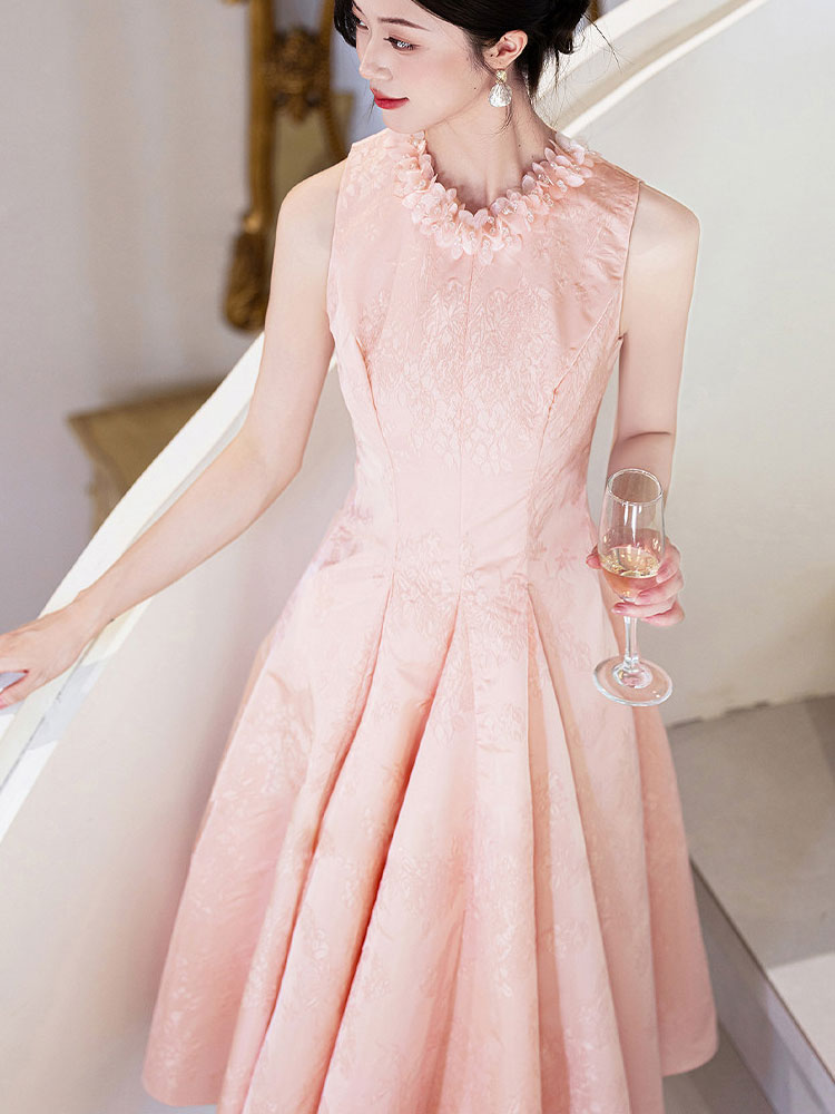 Flower Neck Jacquard A-Line Midi Evening Party Dress