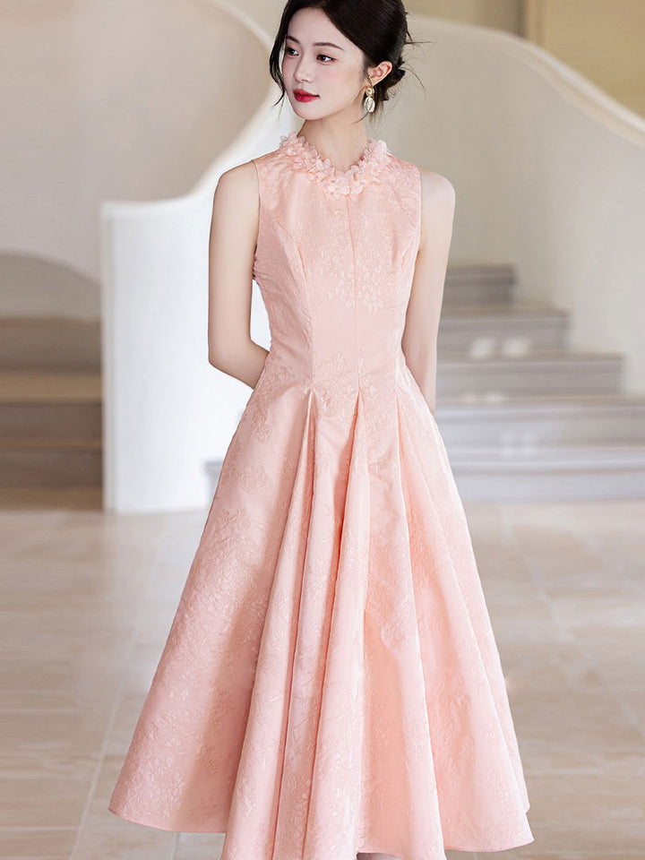 Flower Neck Jacquard A-Line Midi Evening Party Dress