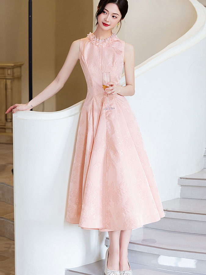 Flower Neck Jacquard A-Line Midi Evening Party Dress