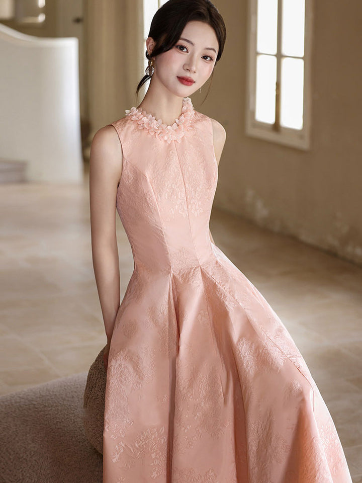 Flower Neck Jacquard A-Line Midi Evening Party Dress