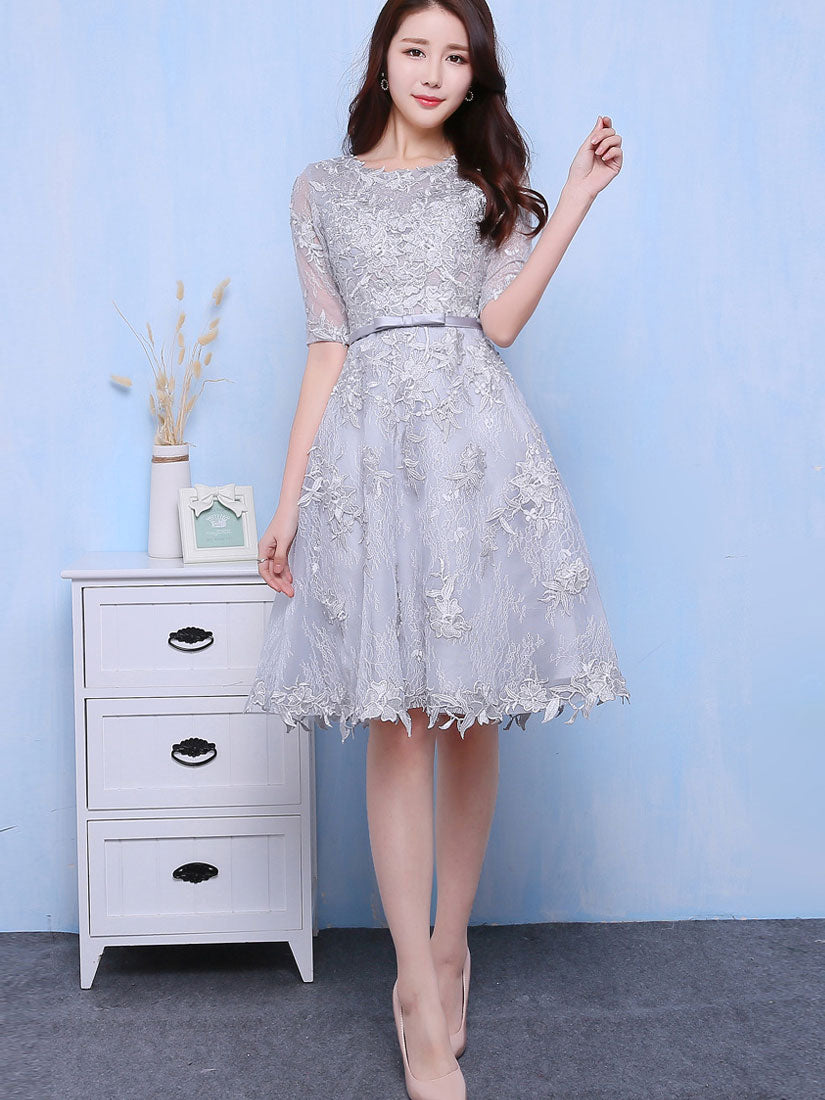 Gray Floral Lace A-Line Party Dress