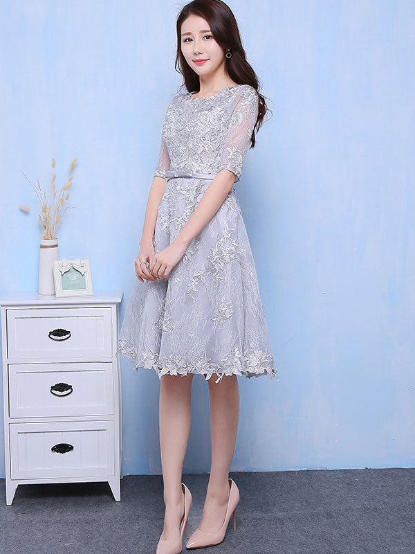 Gray Floral Lace A-Line Party Dress