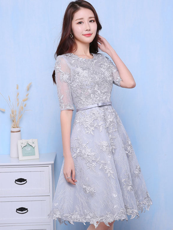 Gray Floral Lace A-Line Party Dress
