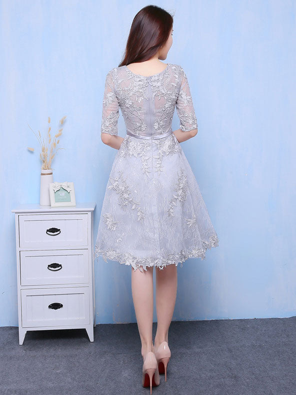 Gray Floral Lace A-Line Party Dress