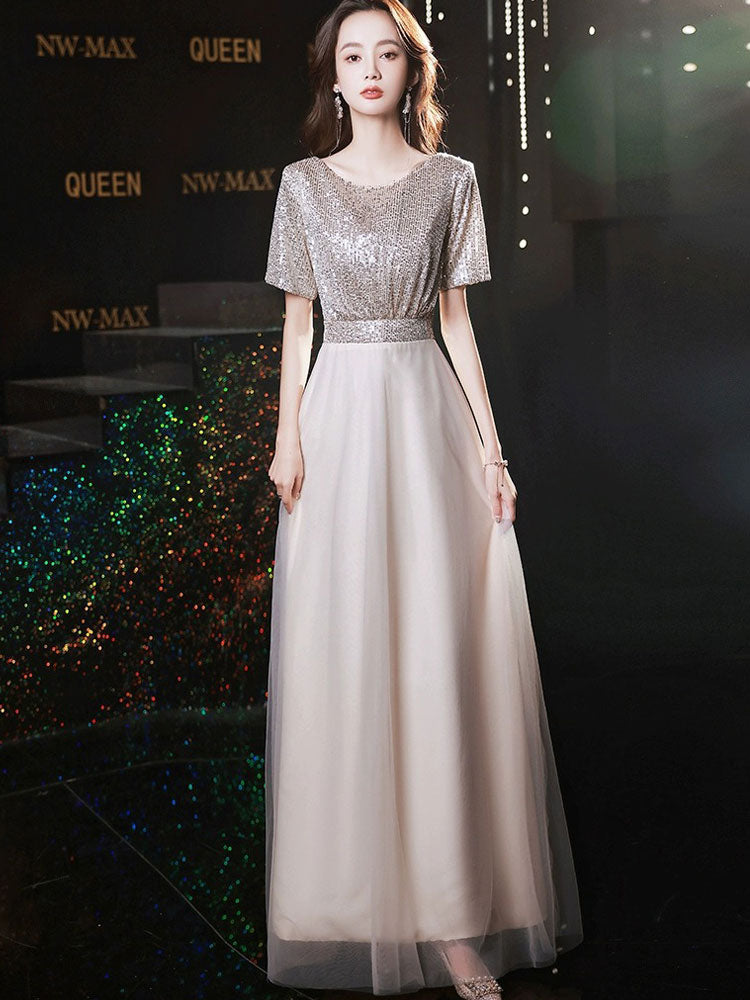 Sequins A-Line Tulle Maxi Prom Party Dress