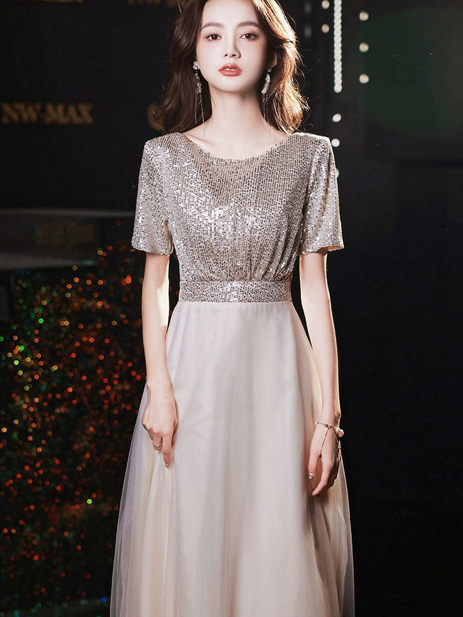 Sequins A-Line Tulle Maxi Prom Party Dress