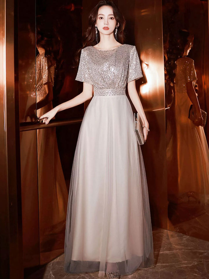 Sequins A-Line Tulle Maxi Prom Party Dress