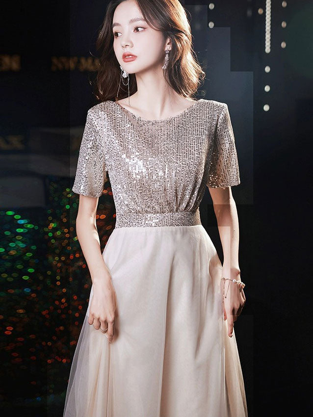 Sequins A-Line Tulle Maxi Prom Party Dress