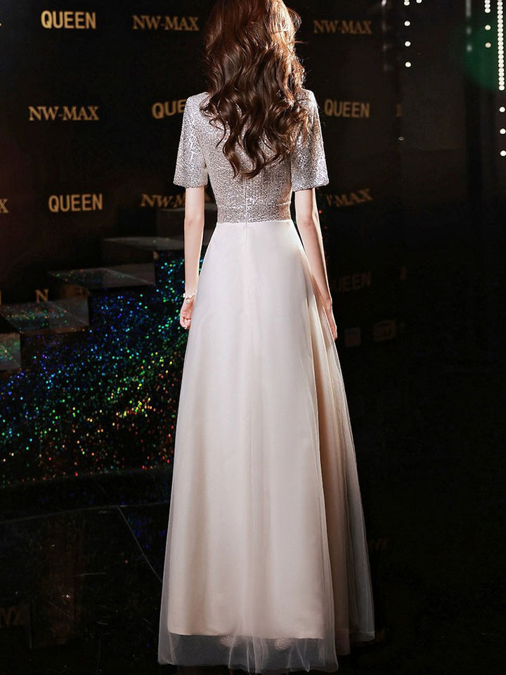 Sequins A-Line Tulle Maxi Prom Party Dress