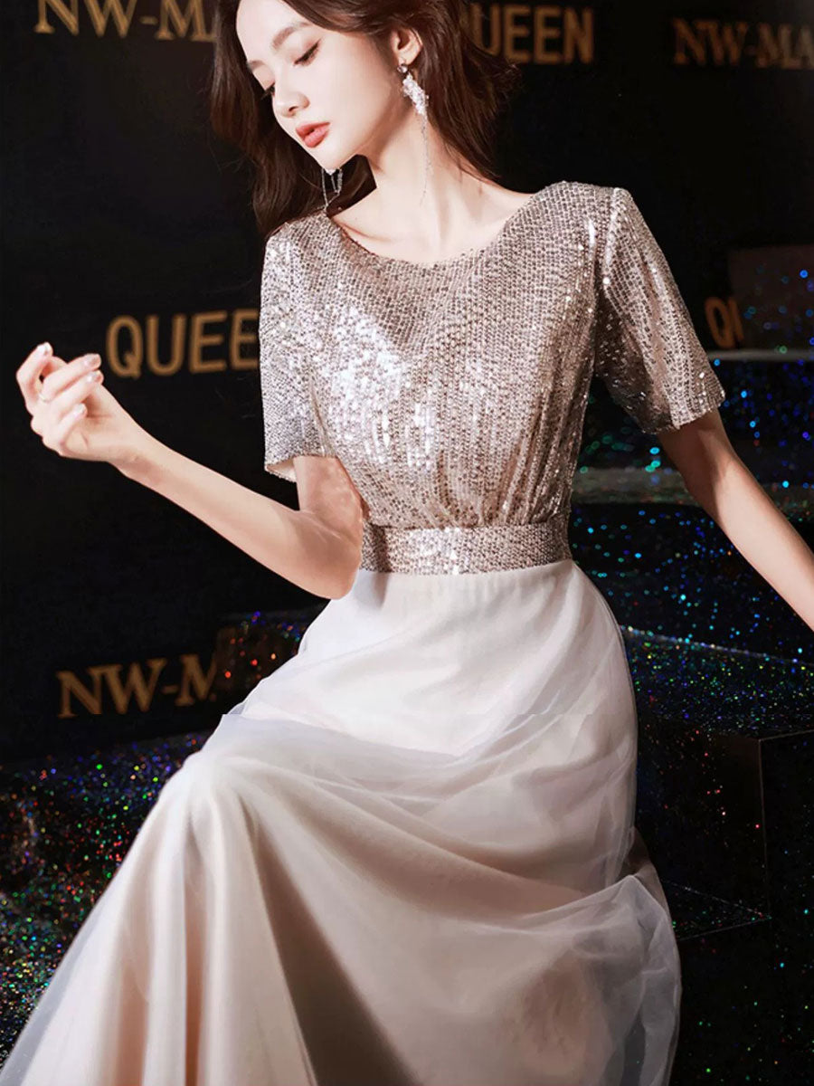 Sequins A-Line Tulle Maxi Prom Party Dress