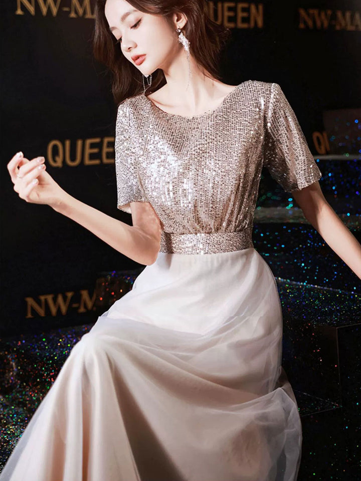 Sequins A-Line Tulle Maxi Prom Party Dress