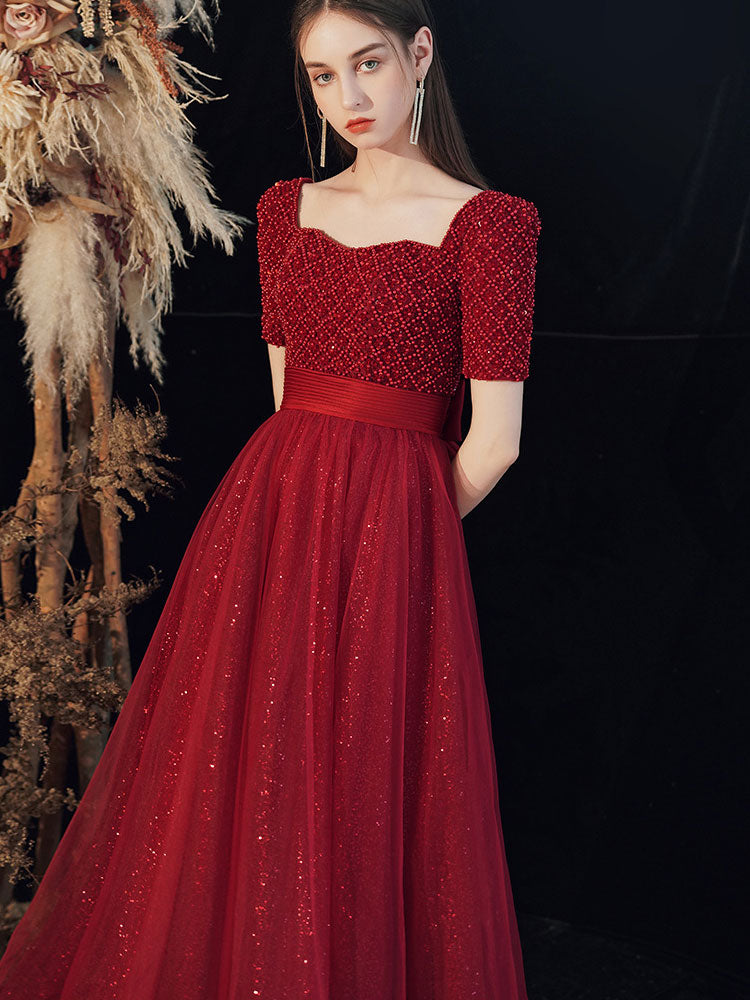 Shimmer Beads Back Bow Maxi A-Line Wedding Evening Dress