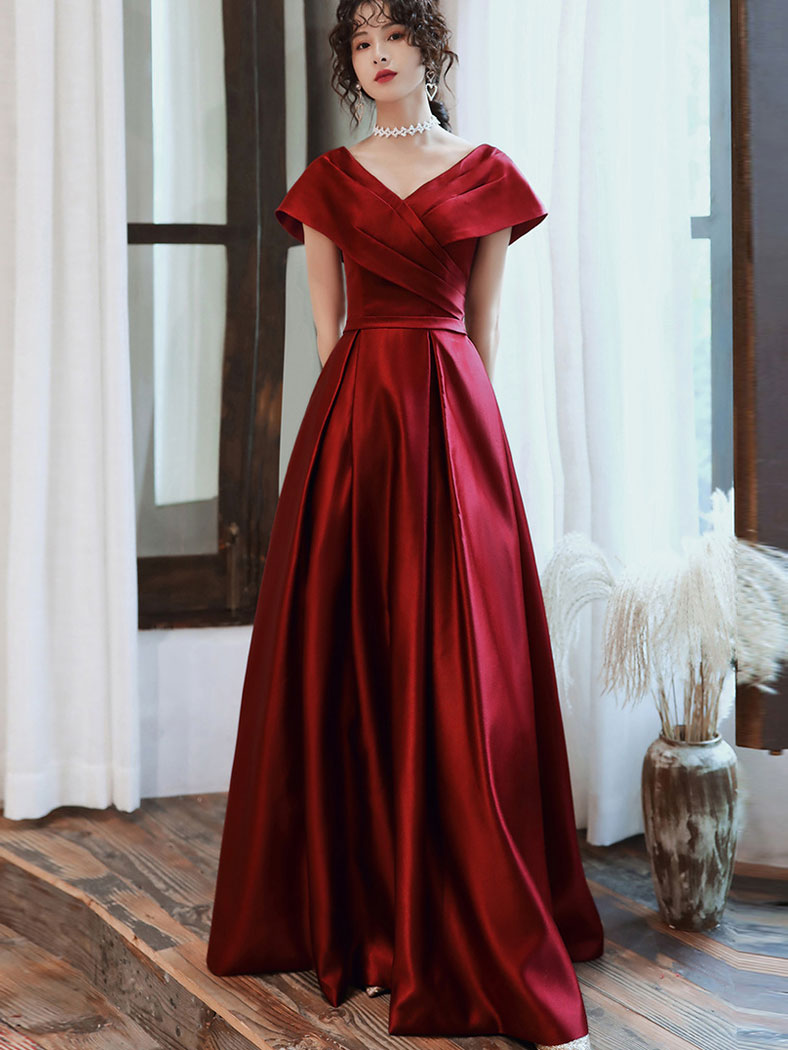 Burgundy Wrap V-neck Fit & Flare Prom Dress