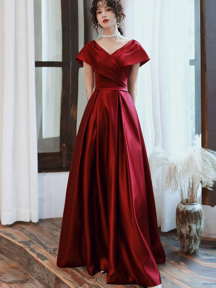 Burgundy Wrap V-neck Fit & Flare Prom Dress