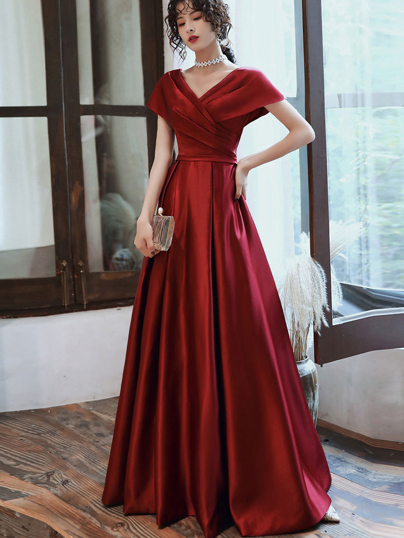 Burgundy Wrap V-neck Fit & Flare Prom Dress
