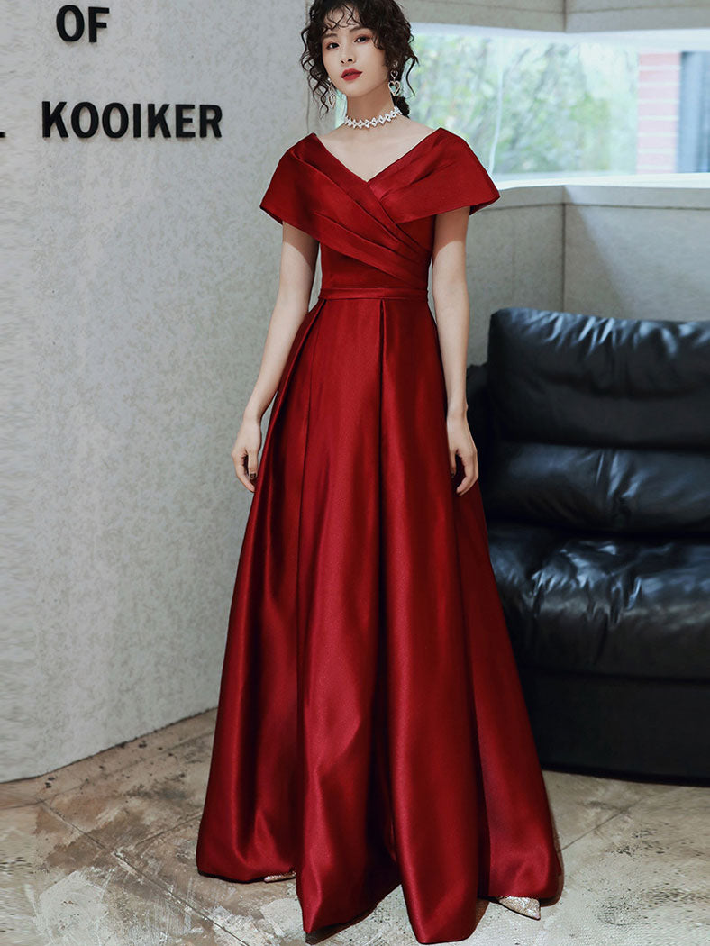 Burgundy Wrap V-neck Fit & Flare Prom Dress