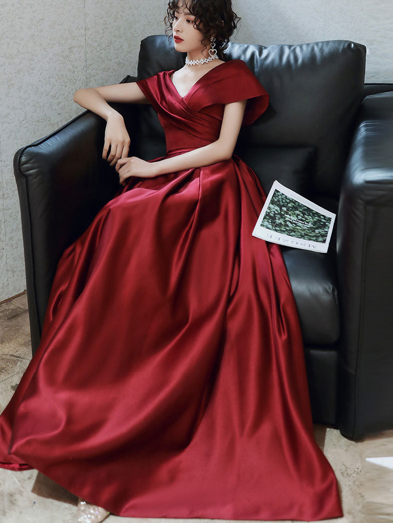 Burgundy Wrap V-neck Fit & Flare Prom Dress