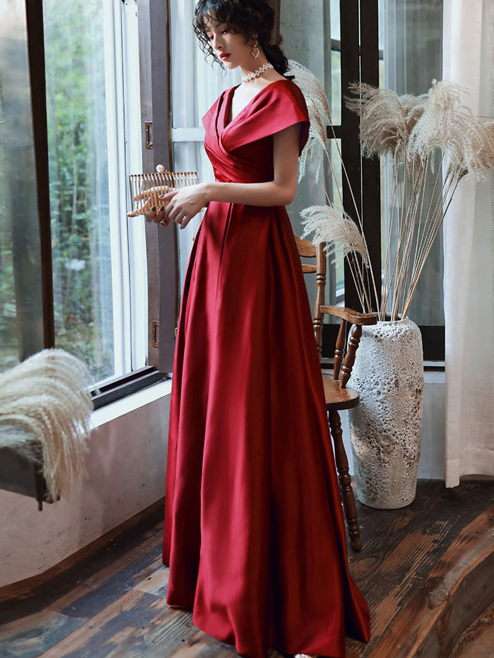 Burgundy Wrap V-neck Fit & Flare Prom Dress