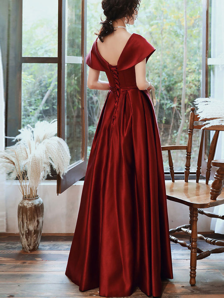 Burgundy Wrap V-neck Fit & Flare Prom Dress