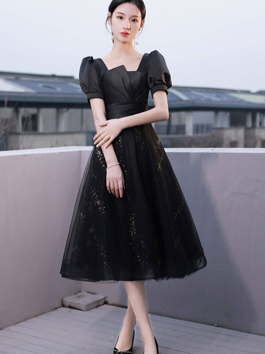 Shimmery Black A-Line Midi Party Prom Dress
