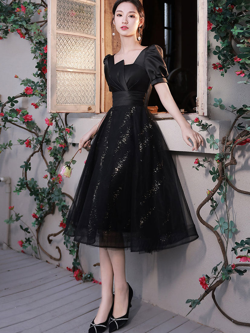 Shimmery Black A-Line Midi Party Prom Dress